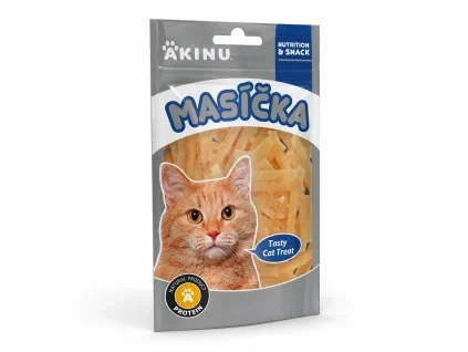 Akinu Masíčka Kuřecí řezanky pro kočky (216684) — packshot solo na bílém, náklon 15° (levá strana vpředu) replikovaný podle referenčního packshotu SKU 282033.