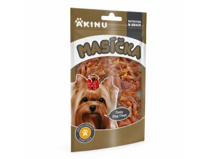 Akinu MASÍČKA Kuřecí proužky pamlsek pro psy 75 g (204809) — packshot solo na bílém, náklon 15° (levá strana vpředu), replikováno podle referenčního postupu SKU 216684.