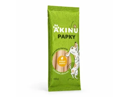Packshot Akinu PAPKY Tyčinky pamlsek pro psy na srst a kůži 120 g (174019) na bílém — natočení sjednocené podle vzoru 174027 (řada Papky).