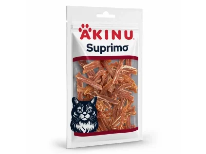 AKINU Suprimo Kachní plátky pro kočky (282033) — content pack fáze 1: [1] packshot solo na bílém, [2-3] 2× ingredient solo (kachní plátky na tmavém prkénku), [4] ingredient s měřítkem (5 cm pravítko), [5] flat-lay na Nero Marquina mramoru s kachním a treskovým filé (řada Suprimo override).