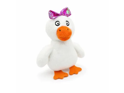 Packshot SKU 292064 (HUGS by Akinu Kachna hračka pro kočky bílá se zvukem) na bílém pozadí bez visačky. Non-food produkt, žádná 2D maketa obalu — referenční foto ze štítku Surovina v Heliosu (doc_id 214140).